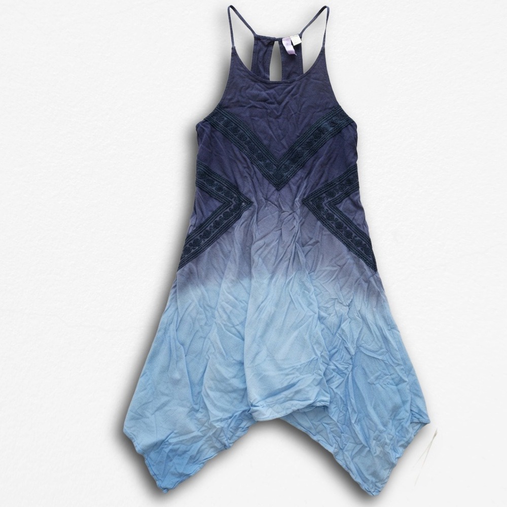 Alya Blue Ombre Handkerchief Hem Dress Small Boho Embroidered Halter Racerback